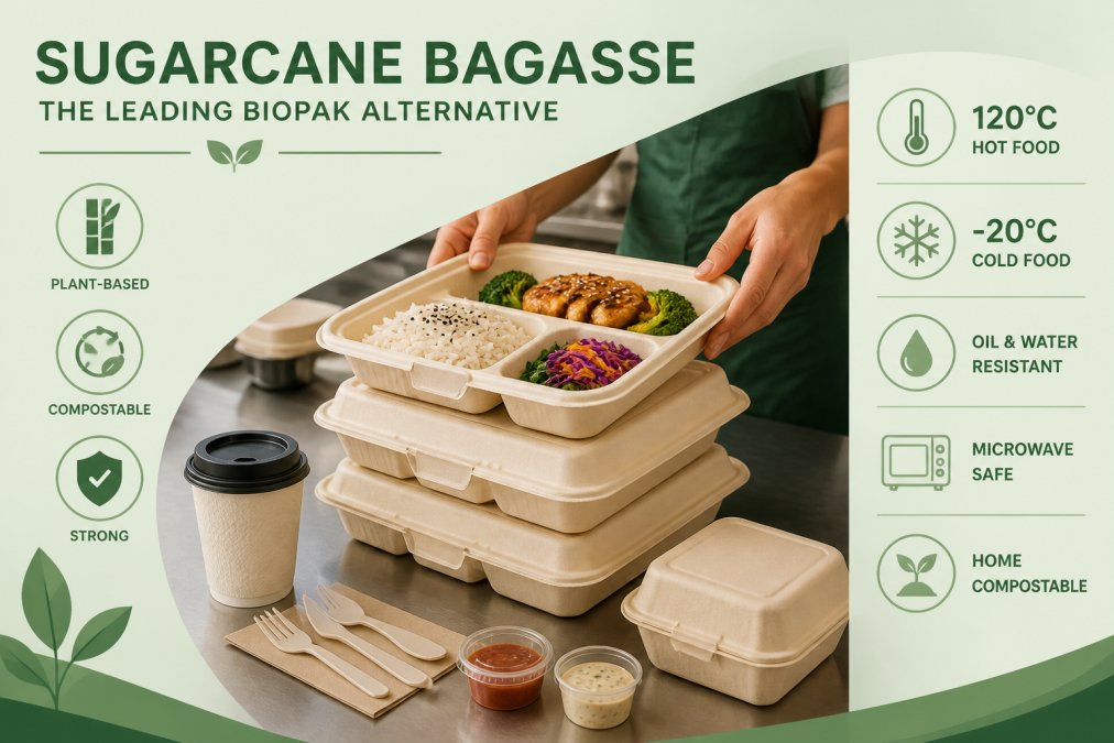 Close-up of stacked sugarcane bagasse takeaway containers in a cafe kitchen showing natural beige texture and durability with food inside, cafe worker's hands visible handling the containers with proper grip