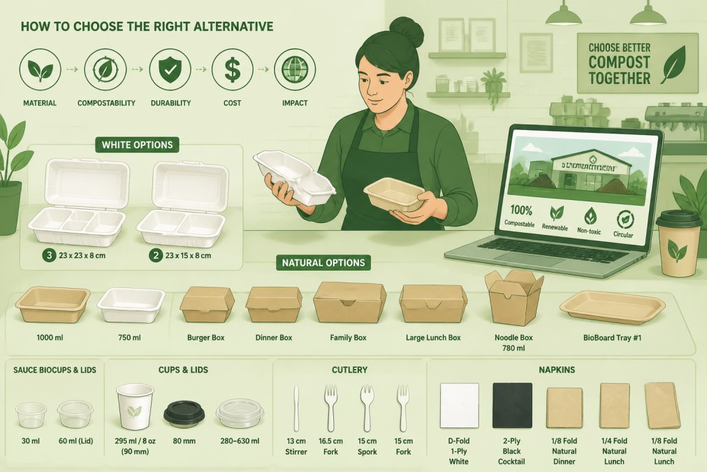 Cafe owner reviewing different compostable packaging samples on a counter, comparing natural and white containers with various compartment styles, with a laptop showing composting facility information nearby in modern cafe setting