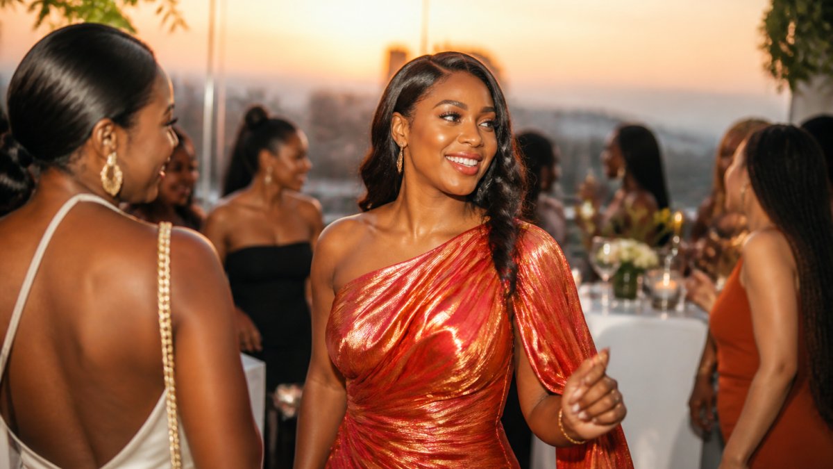 Woman wearing a vibrant coral and gold metallic birthday dress at an elegant celebration, warm golden hour lighting highlighting her warm skin undertones and the dress's shimmer