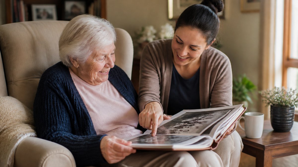 An elderly person sitting in a comfortable armchair, smiling as they turn the pages of a large photo book filled with black-and-white images of 1950s Australia. A younger family member sits beside them, pointing at a photo and laughing together. ### Australia Remember When and Born In Books Our most popular title is [Australia Remember When by Bob Byrne