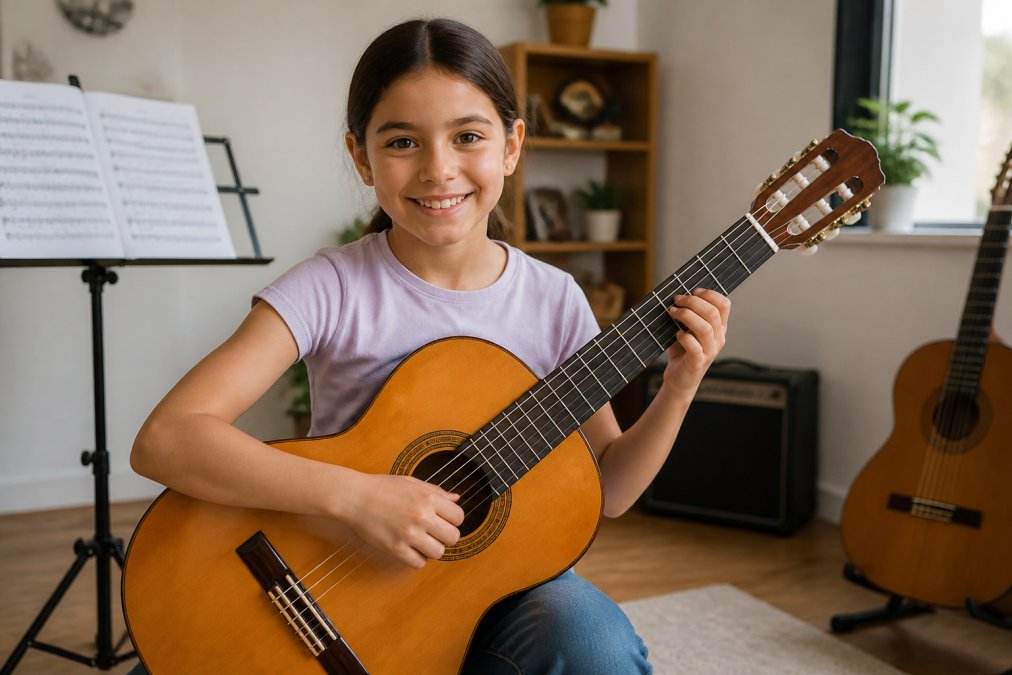 Young musician holding a classical guitar and smiling, with sheet music visible on a music stand in the background in a bright home studio setting