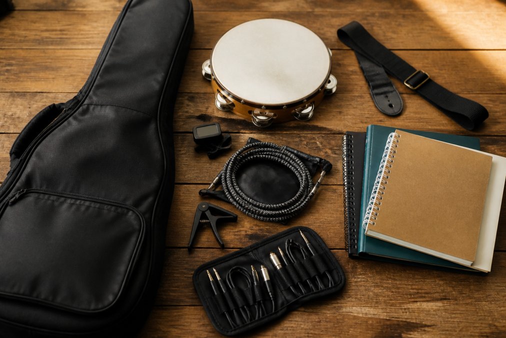 Flat-lay arrangement of music accessories including a gig bag, tambourine, music books, and cable management tools on a wooden surface with natural lighting