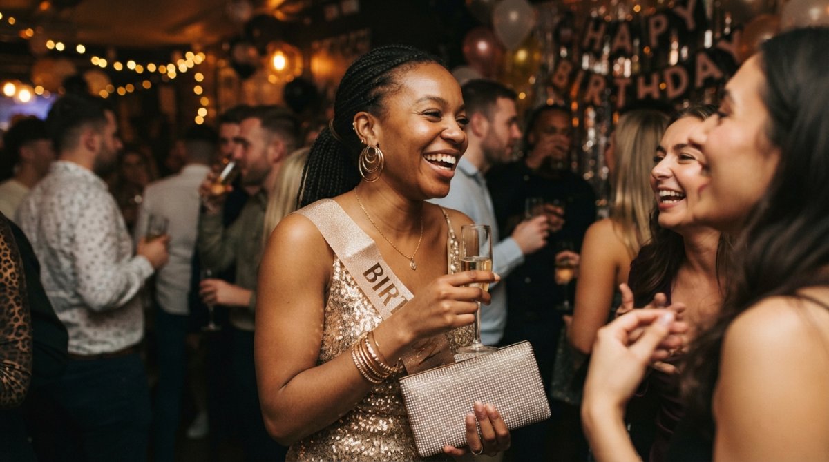 Woman wearing layered gold hoop earrings and a rhinestone-studded clutch against a glamorous party backdrop with warm lighting, showcasing multiple jewelry pieces worn together