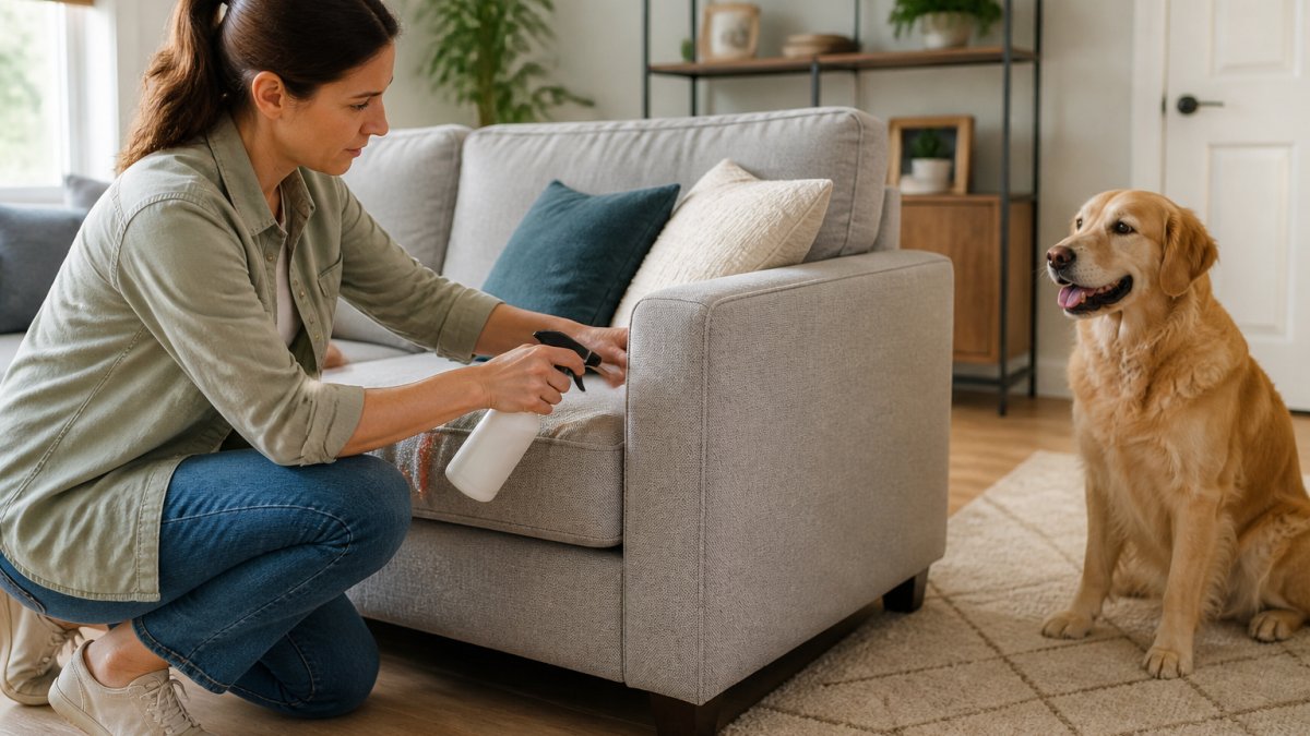 Pet owner applying a bitter anti-chew spray to a fabric sofa corner while a dog watches from a safe distance