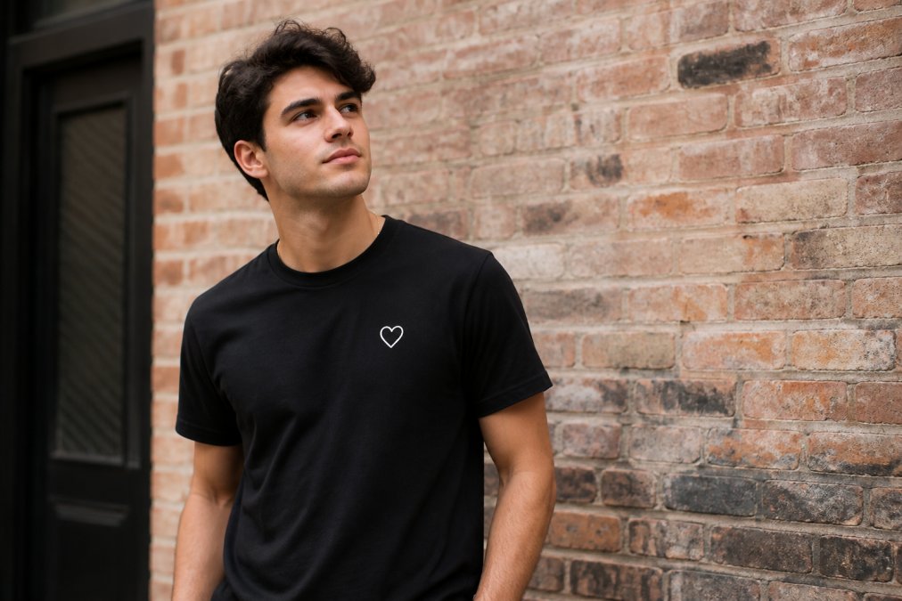 Young adult in a black graphic t-shirt posing confidently against an urban brick wall during the day