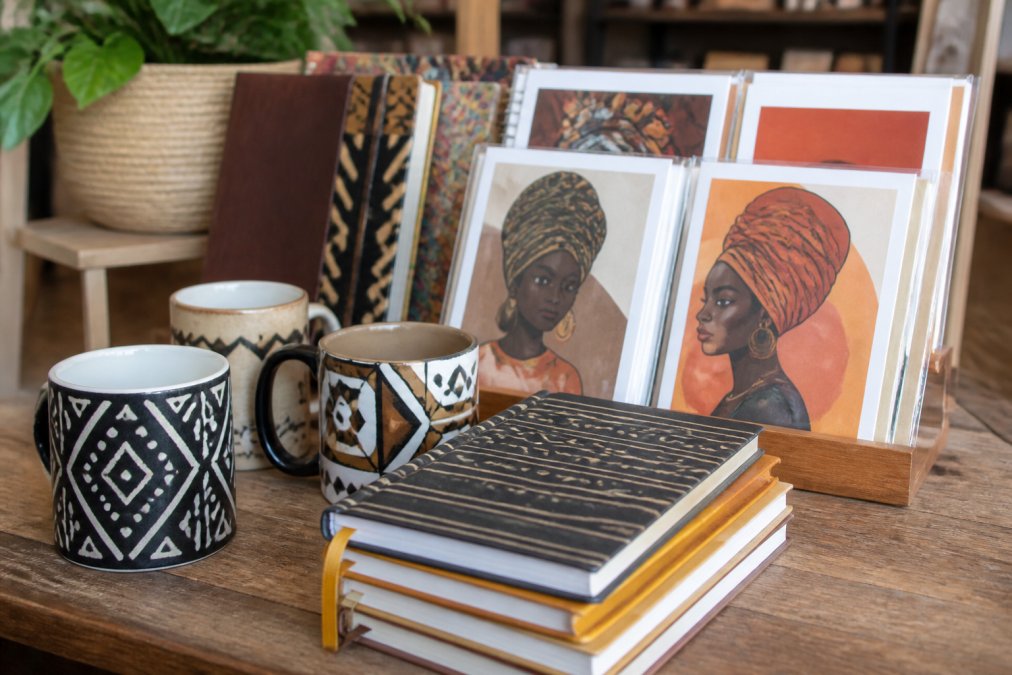 Close-up of beautifully arranged Black-owned gift products including journals, mugs, and greeting cards displayed on a wooden surface with natural lighting, showcasing diverse textures and artistic designs