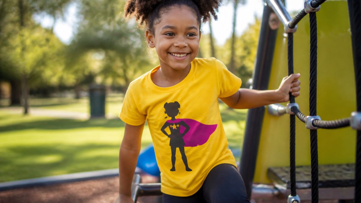 Young Black girl wearing a vibrant organic cotton t-shirt with superhero-inspired design, smiling confidently while playing outdoors in a sunny park setting with natural lighting