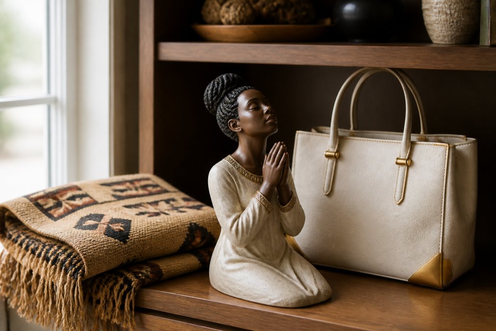 A praying woman figurine, cotton throw, and gold-accented bag from black owned gift companies on a lit shelf.
