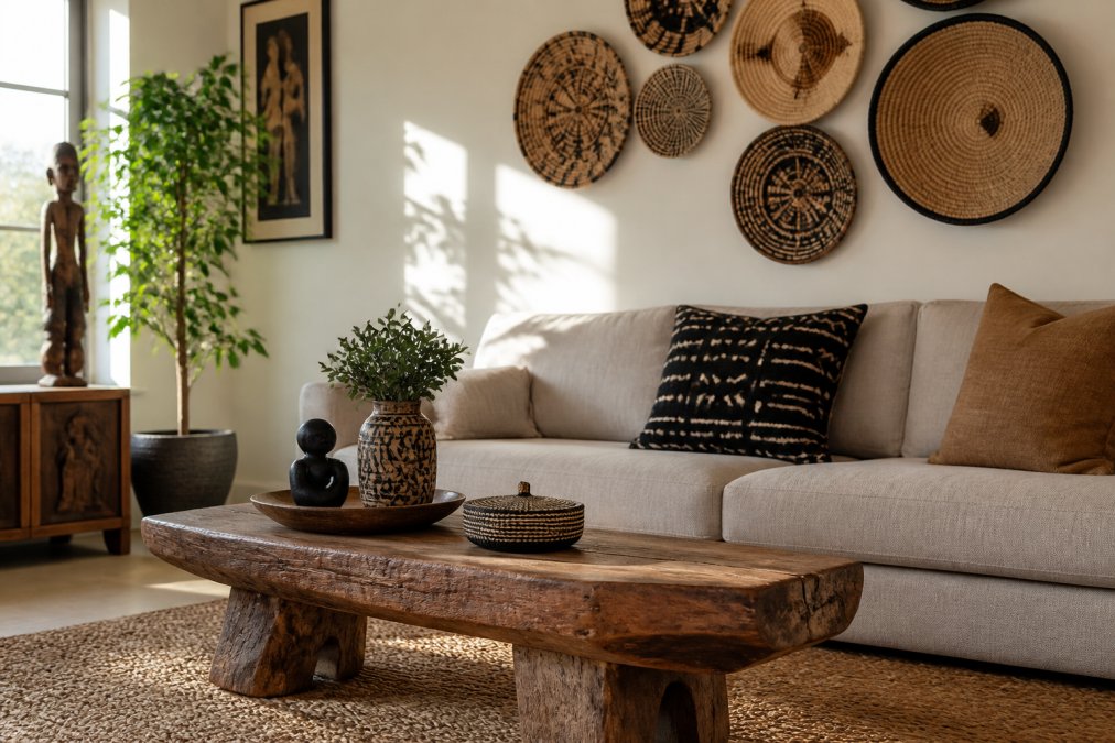 Infographic detailing steps to style black owned home decor with wooden tables and woven wall hangings.