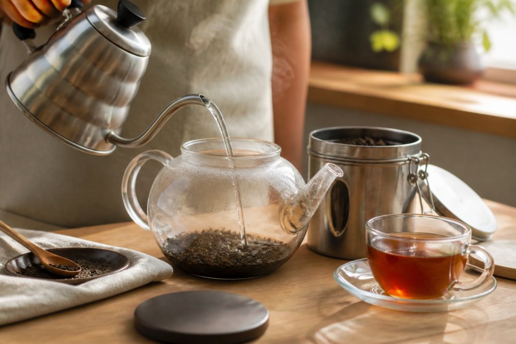 Hot water being poured into a teapot to brew the best black tea blends for morning energy in soft sunlight