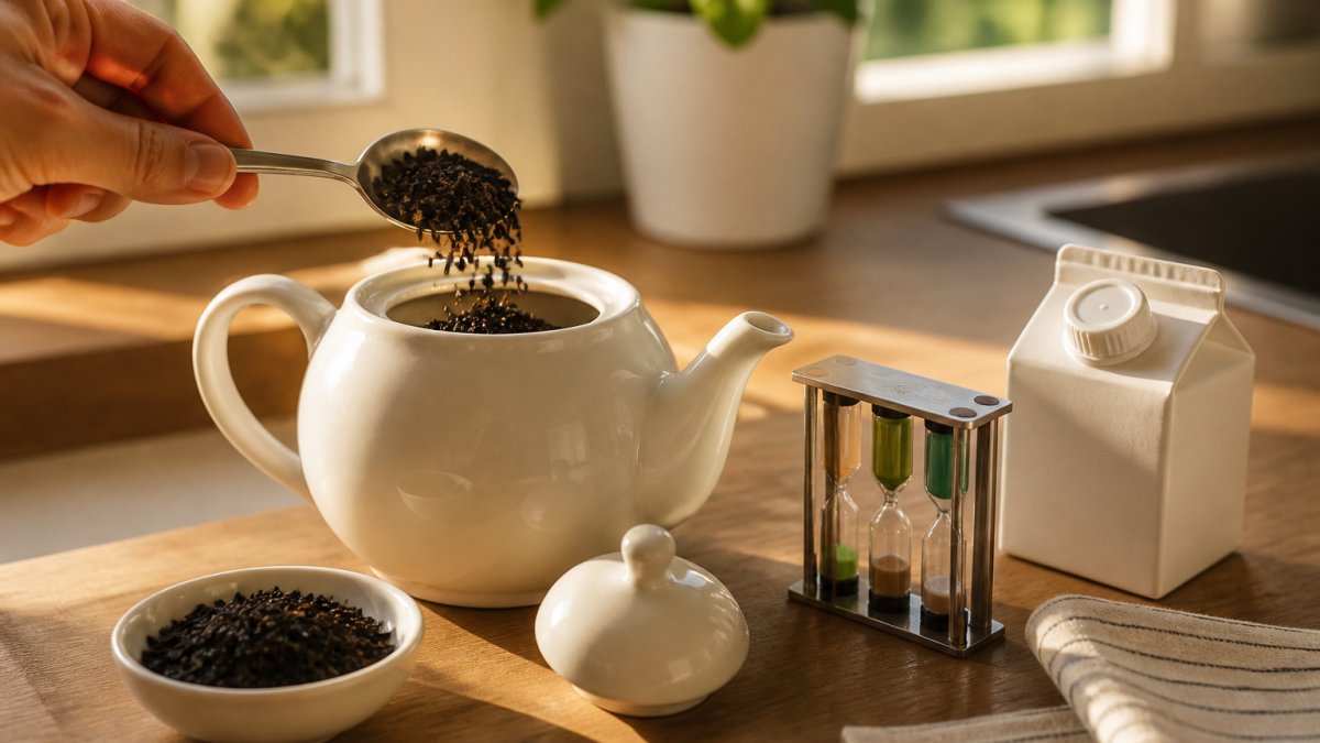 Stainless steel spoon measuring loose black tea leaves into a white ceramic teapot on a kitchen counter.