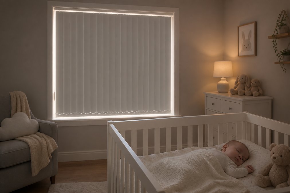 Peaceful nursery room with blackout blinds fully closed, soft filtered light at edges, baby sleeping soundly in white cot with soft bedding, warm natural light creating calm atmosphere