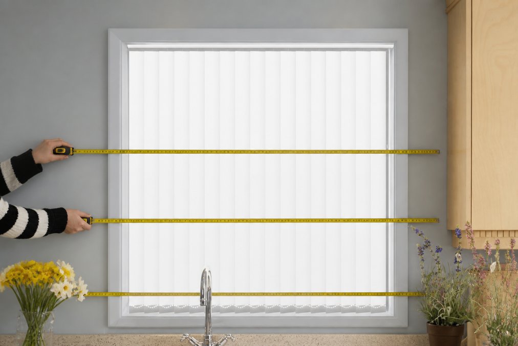 Close-up of hands holding measuring tape against nursery window frame, measuring at top, middle, and bottom of window recess, tape extended horizontally showing precise measurement points