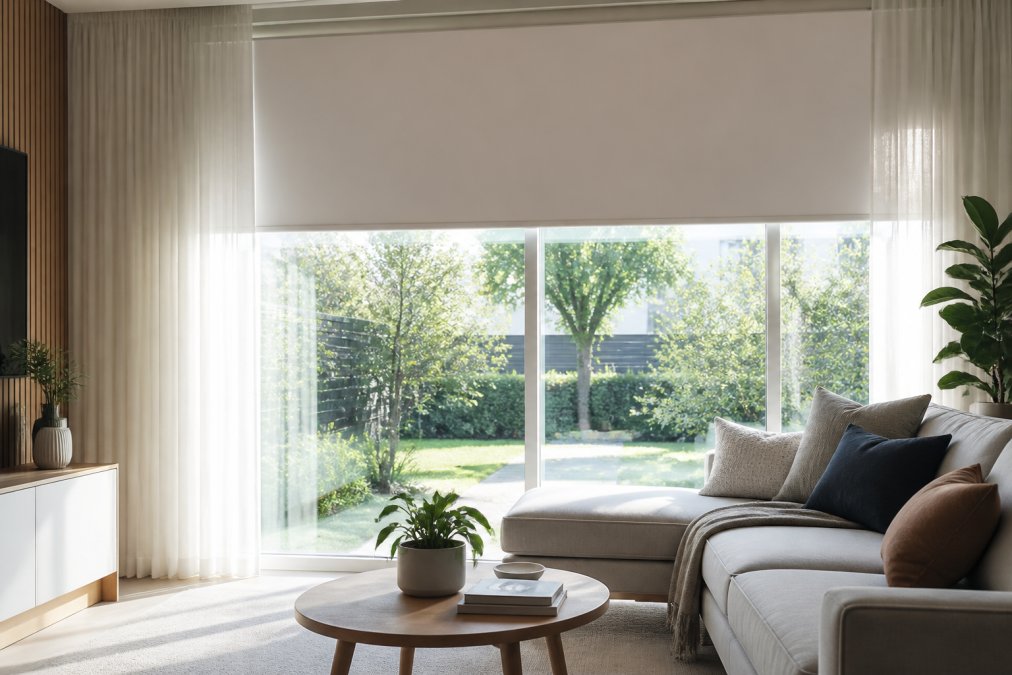A bright, modern living room with large south facing windows. A white roller blind is partially drawn, demonstrating light filtration while a sheer curtain softens the sunlight. The room looks cool and comfortable despite the bright daylight outside.