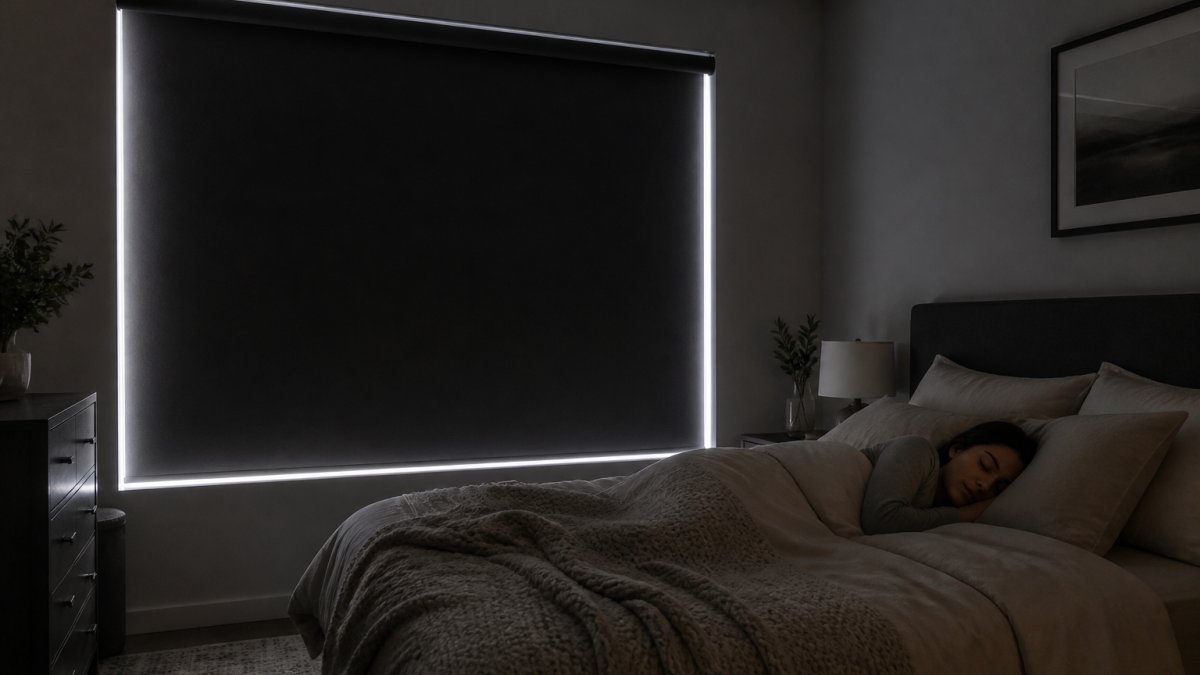 A cozy bedroom at midday with blackout roller shades fully drawn, showing a dark restful sleep environment with thin slivers of ambient light escaping only at the side edges
