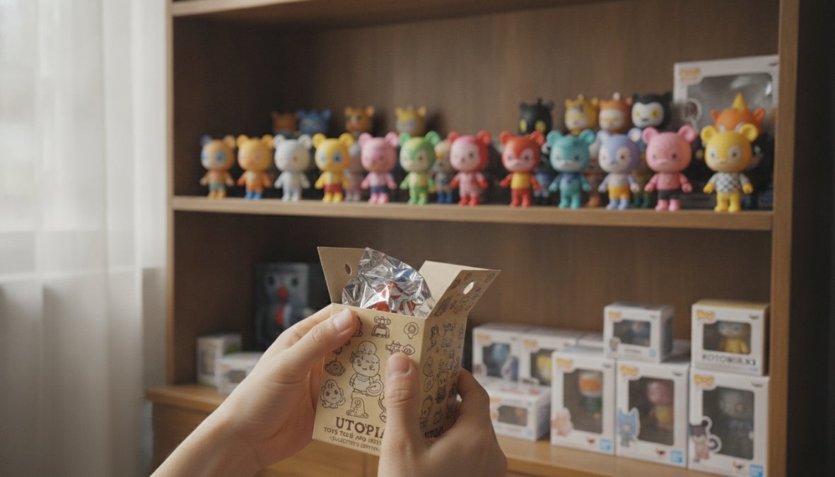 Collector's hand carefully opening a blind box package with various colorful vinyl figures displayed on a wooden shelf with proper lighting