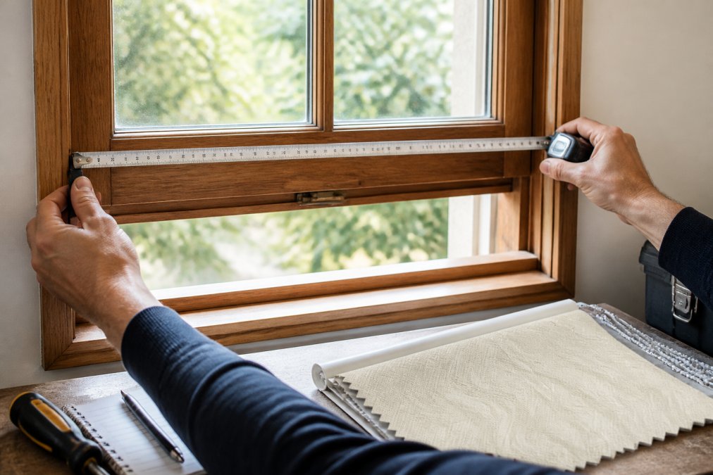 Close-up of a person's hands holding a metal tape measure against a wooden window frame, measuring the width of a sash window with natural daylight streaming through
