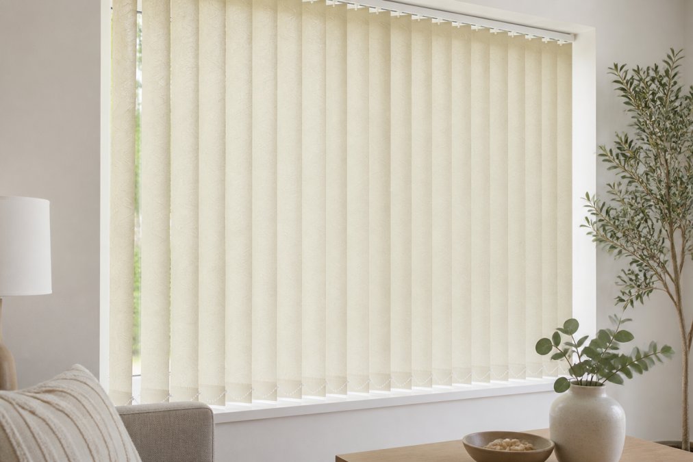Installed vertical blinds in a bright modern living room, showing the fabric texture and light control with natural daylight filtering through the slats, demonstrating quality construction and finish