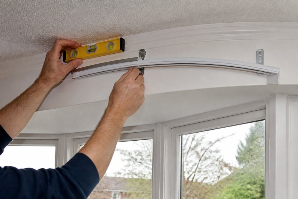 Hands installing a vertical blind headrail and curved rail into a bay window, showing bracket placement and alignment on the frame with the installer using a spirit level