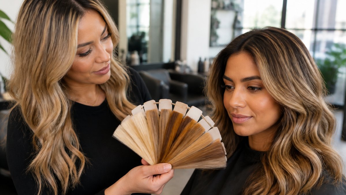 A colorist at a bright salon holding a swatch fan of honey, golden and caramel blonde hair samples next to a client's face in natural window light