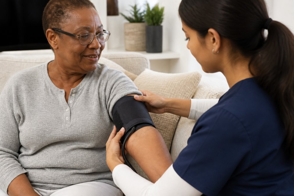 Close-up of a caregiver gently fitting a blood pressure cuff around an elderly person's upper arm, with the cuff positioned correctly above the elbow, in a warmly lit home health setting