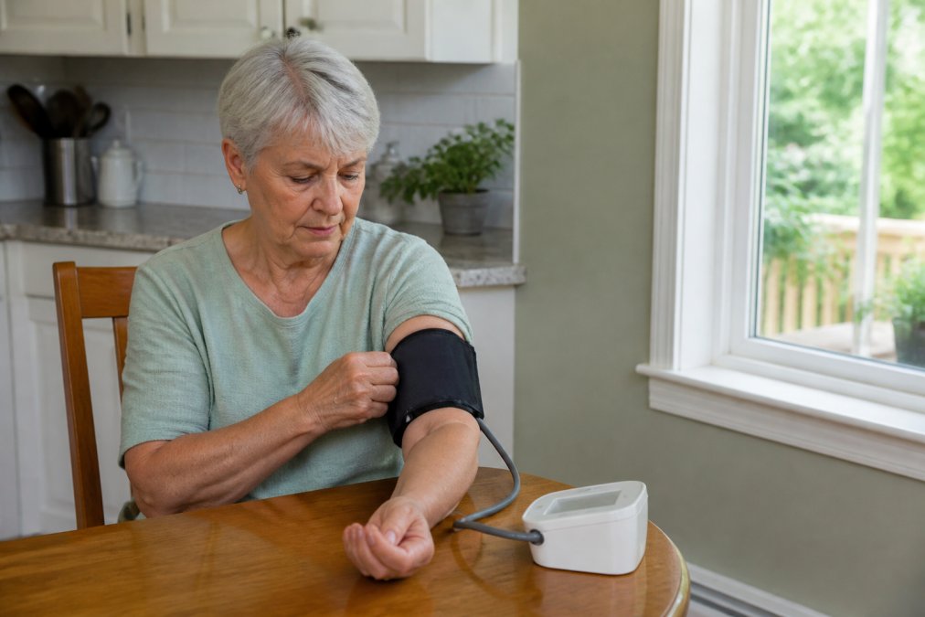 An older adult seated calmly at a kitchen table, applying an upper arm blood pressure cuff to their left arm with the device resting on the table, morning light coming through a window