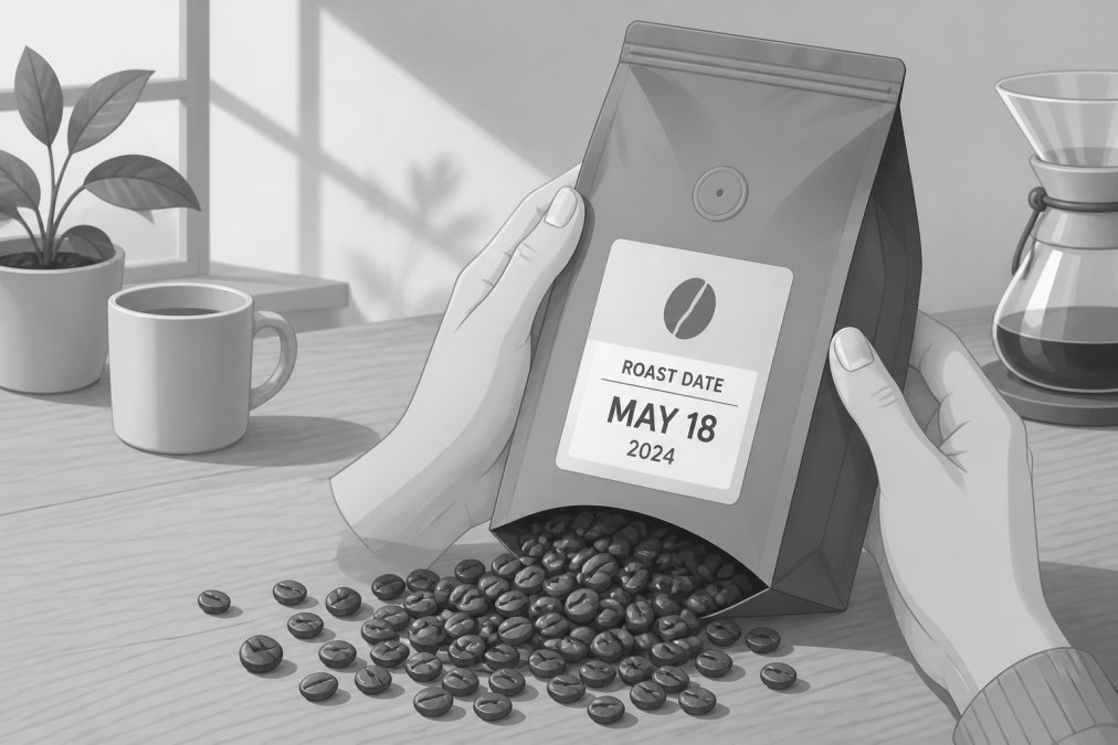 Hands holding a freshly opened coffee bag with visible roast date label and whole beans spilling onto a wooden table in natural morning light
