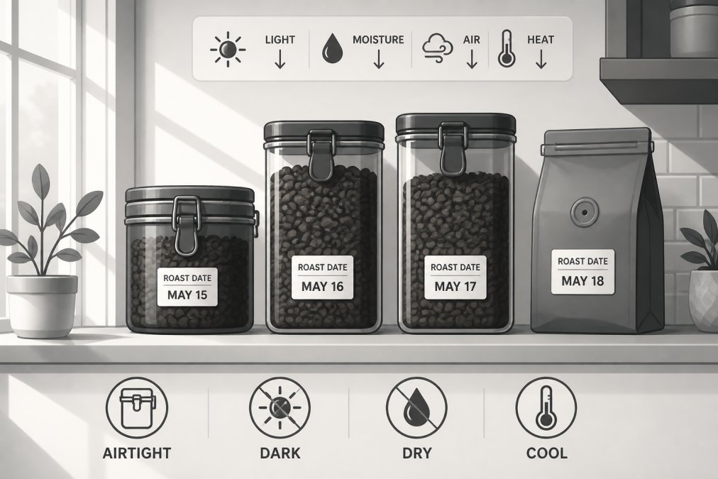 Airtight coffee storage containers arranged on a kitchen shelf with morning sunlight streaming through a window, showing sealed containers with visible roast date labels