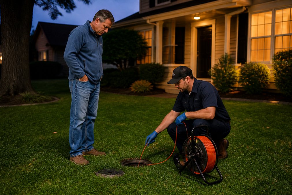 A homeowner in a fleece jacket standing on a green suburban lawn at dusk, looking down at a small open sewer cleanout access point while a technician crouches nearby with a camera reel, warm porch light behind them