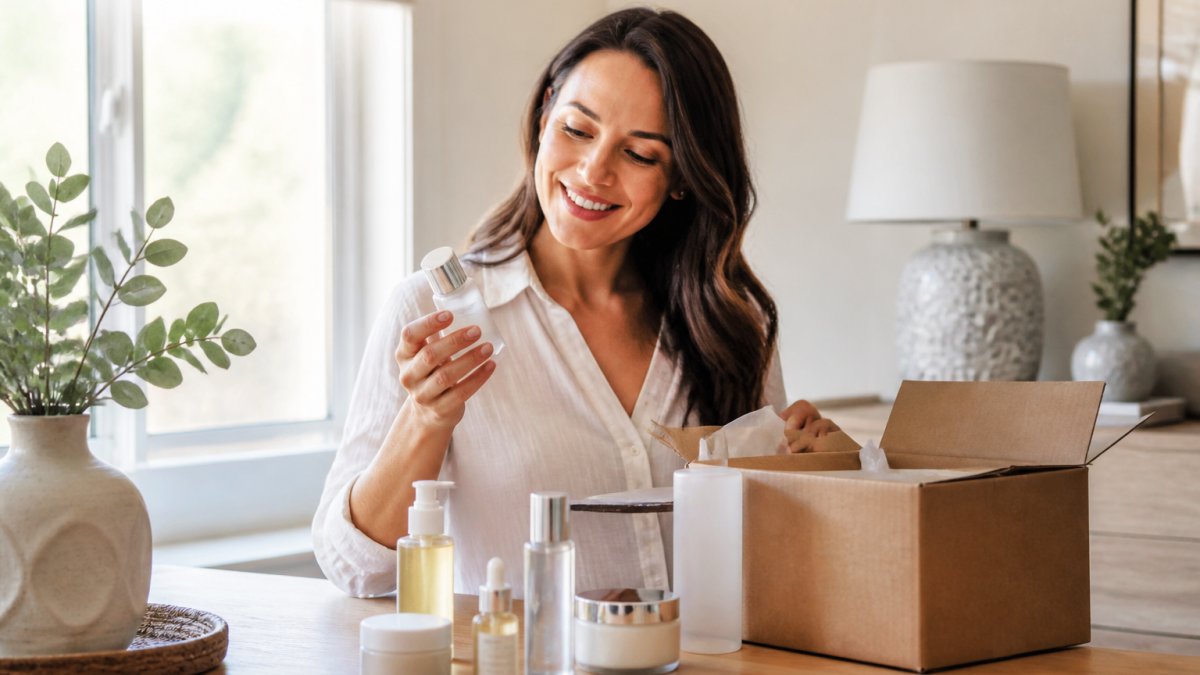 A woman in her 30s sitting at a bright desk, unboxing a delivery of skincare products and smiling at the bottles and jars in front of her
