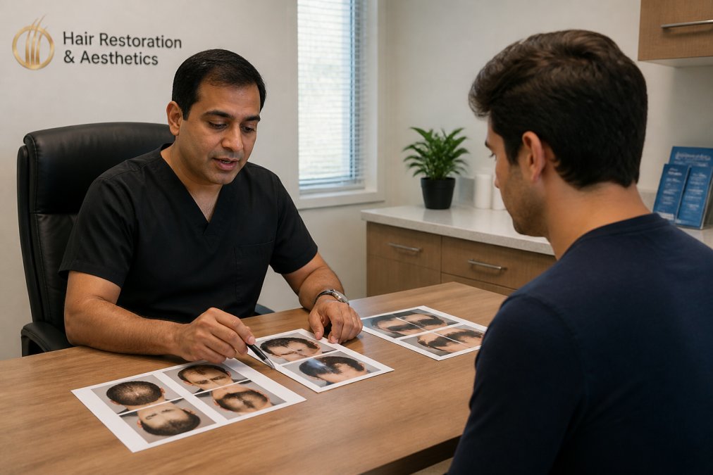 Board-certified physician consulting with patient in professional medical office, reviewing treatment options and before-and-after images on desk