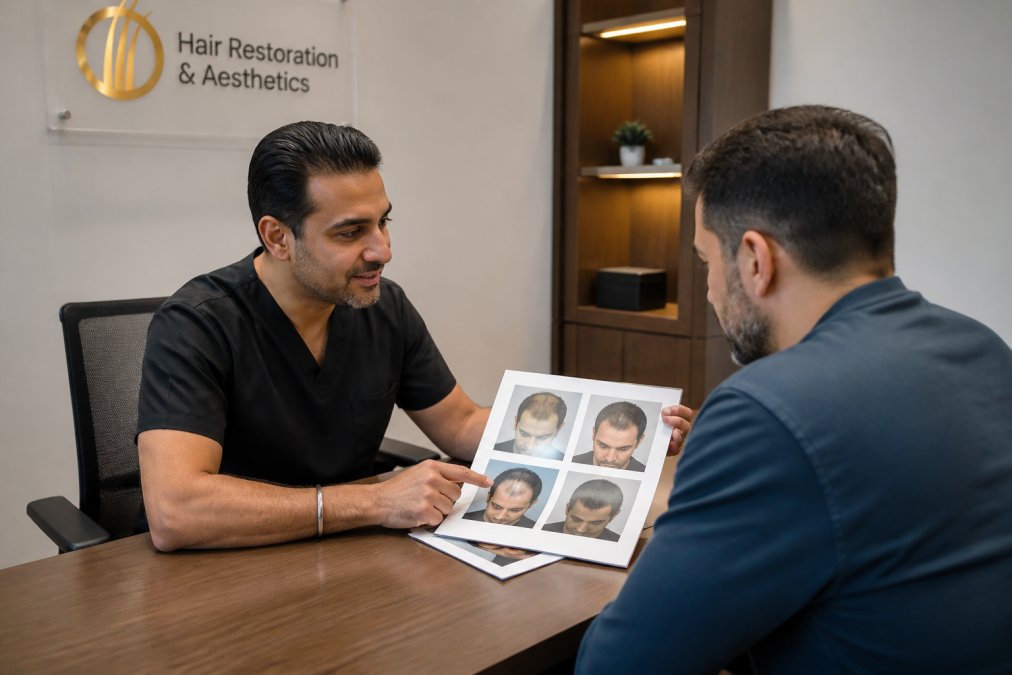 Board-certified physician reviewing detailed before-and-after results with patient in modern medical office, demonstrating natural-looking aesthetic outcomes