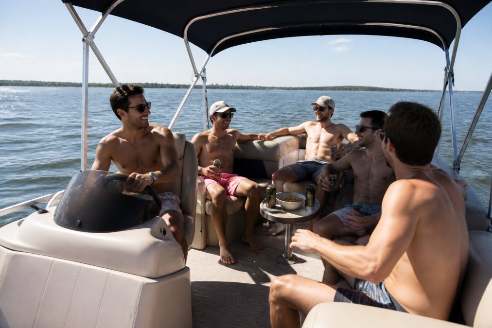 Group of friends celebrating on a pontoon boat with water in the background, smiling and enjoying drinks on a sunny day with clear skies and calm water