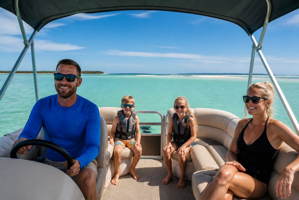 Family of four smiling aboard a pontoon boat on calm turquoise Gulf waters, with a Bimini shade overhead and distant sandbars visible on the horizon