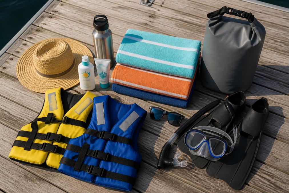 Flat lay arrangement on weathered dock planks: bottles of reef-safe sunscreen, colorful beach towels, Coast Guard-approved life jackets, polarized sunglasses, a waterproof dry bag, snorkel gear with fins, a stainless steel water bottle, and a wide-brimmed hat