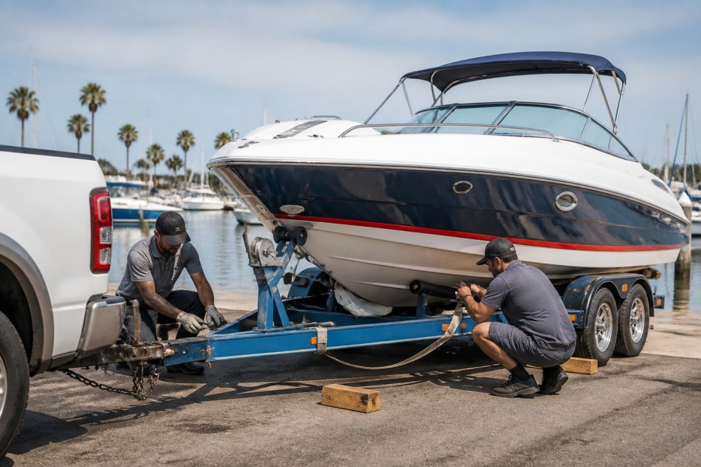 Professional towing crew securing boat onto specialized marine trailer with proper equipment, safety gear, and blocking in well-lit marina setting