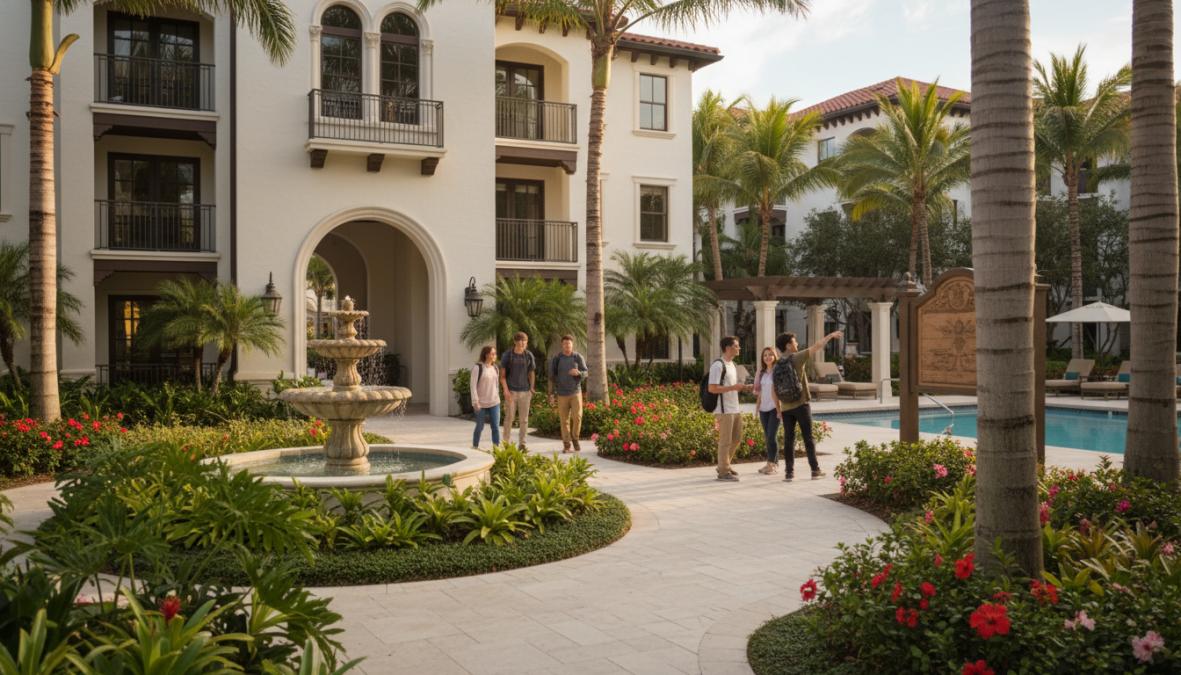 Best Boca Raton Apartments Near FAU: 2026 Guide 1 Exterior view of a modern garden-style apartment community in Boca Raton, Florida, with lush tropical landscaping, palm-lined walkway, and bright afternoon sunlight casting shadows across a well-maintained courtyard