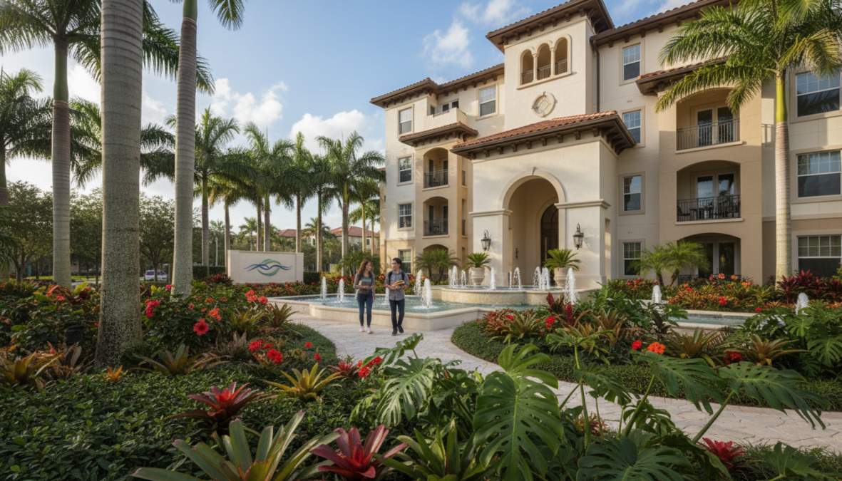Best Boca Raton Apartments Near FAU: 2026 Guide 2 A college student walking along a tree-lined sidewalk in a sunny Boca Raton neighborhood near the FAU campus, wearing a backpack, relaxed afternoon light filtering through palm trees