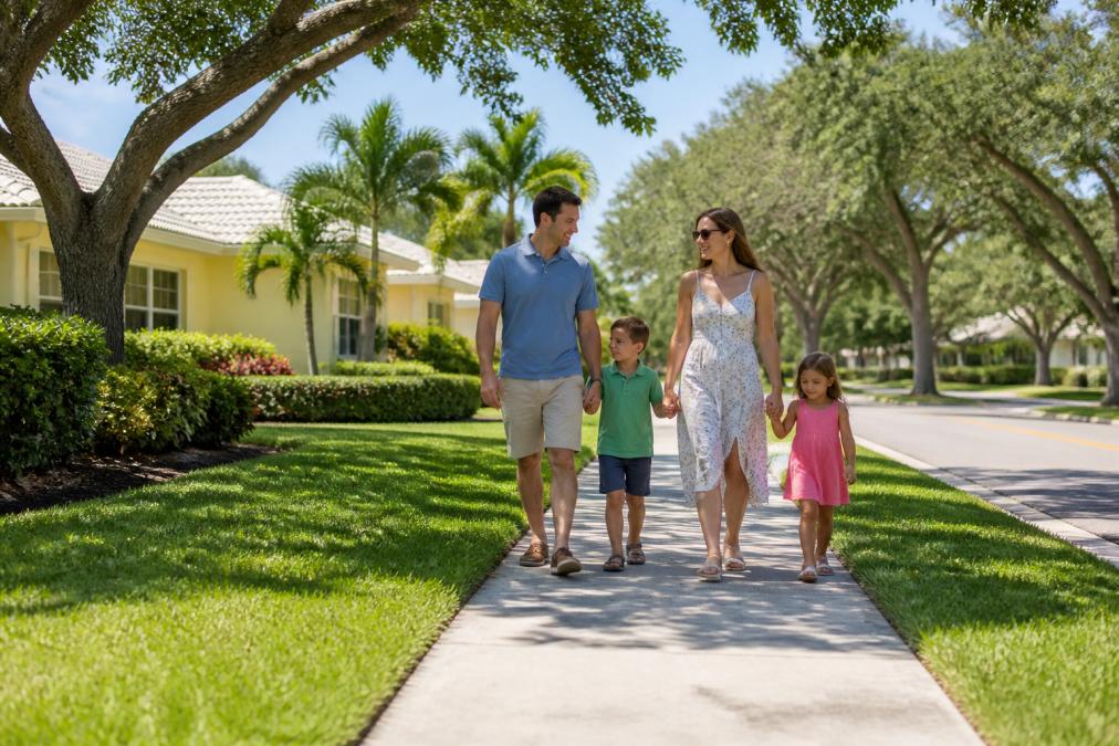 A family with two young children walking along a tree-lined sidewalk in a suburban Boca Raton neighborhood, with single-story homes and lush landscaping in the background, sunny Florida weather