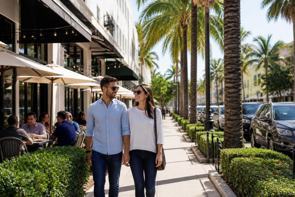 A young professional couple strolling past outdoor cafes and palm trees on a sunny downtown Boca Raton street, storefronts and string lights visible