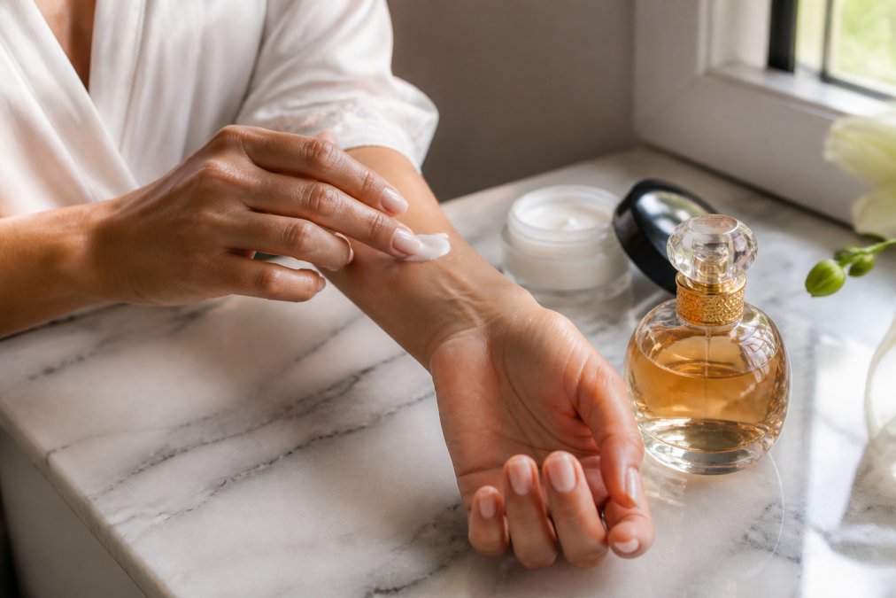 Woman applying white body lotion to her wrist next to an elegant perfume bottle on a marble vanity