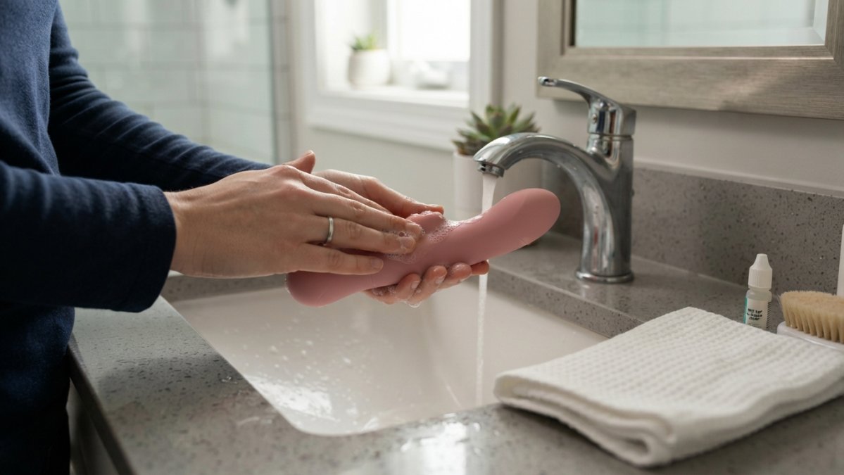 A person's hands cleaning a smooth silicone vibrator with mild soap and warm water over a bathroom sink, with a clean towel nearby