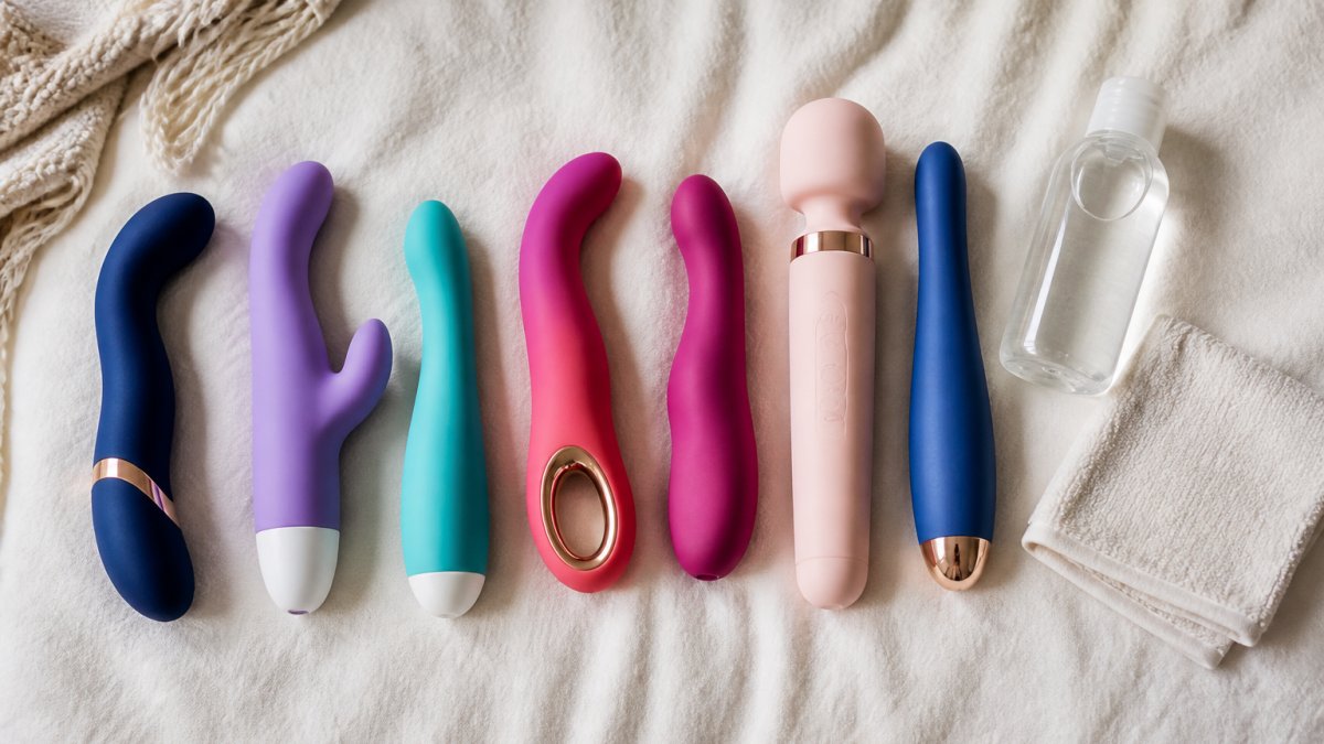 Seven assorted body-safe vibrators arranged with lubricant and a cleaning cloth on a neutral fabric surface.