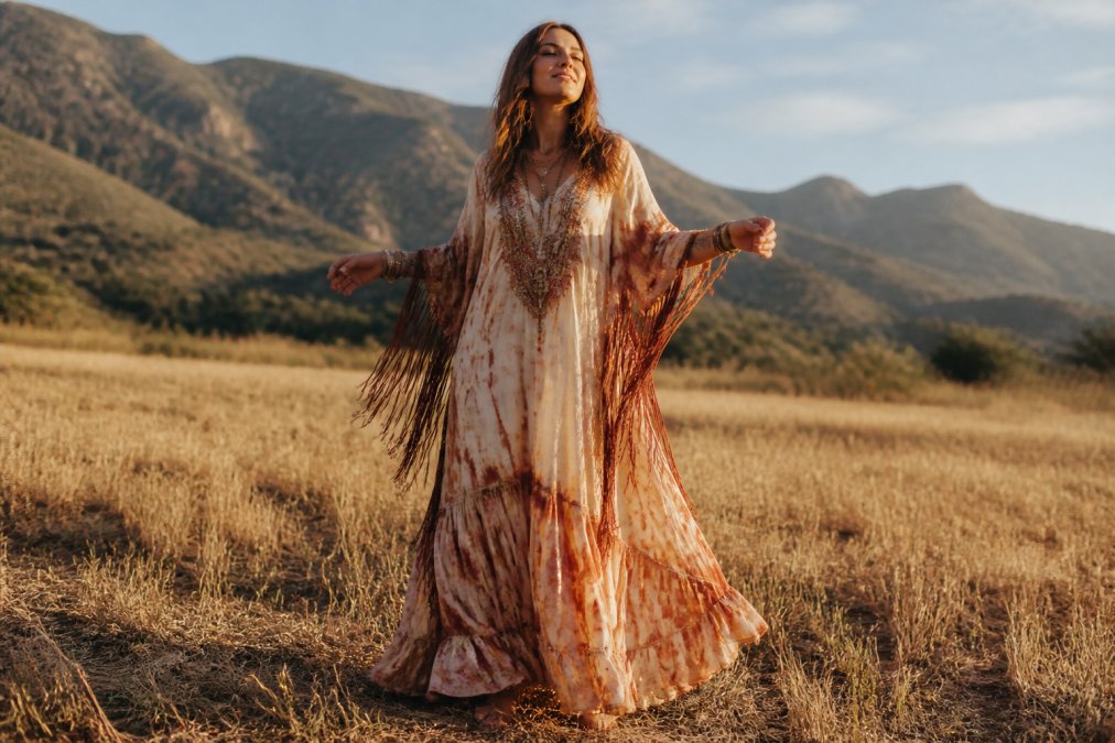A woman wearing a flowing hand-dyed maxi dress with fringe and embroidery details, standing outdoors in a sun-drenched field, radiating a free-spirited bohemian aesthetic