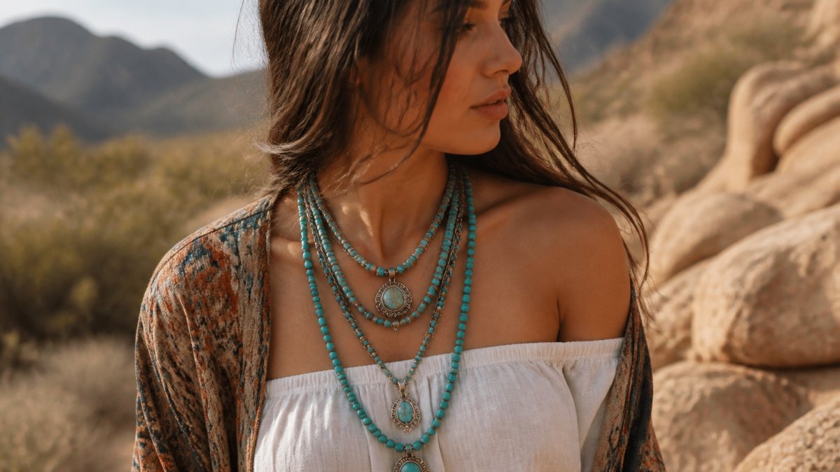 Woman wearing layered turquoise necklaces with an off-shoulder white linen top and patterned bohemian jacket, standing in natural outdoor lighting with desert-inspired backdrop