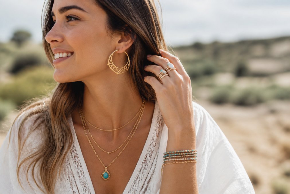 Woman wearing layered delicate gold necklaces with a small turquoise pendant, statement geometric hoop earrings, and stacked gemstone rings in warm natural sunlight, photographed outdoors with soft-focus background