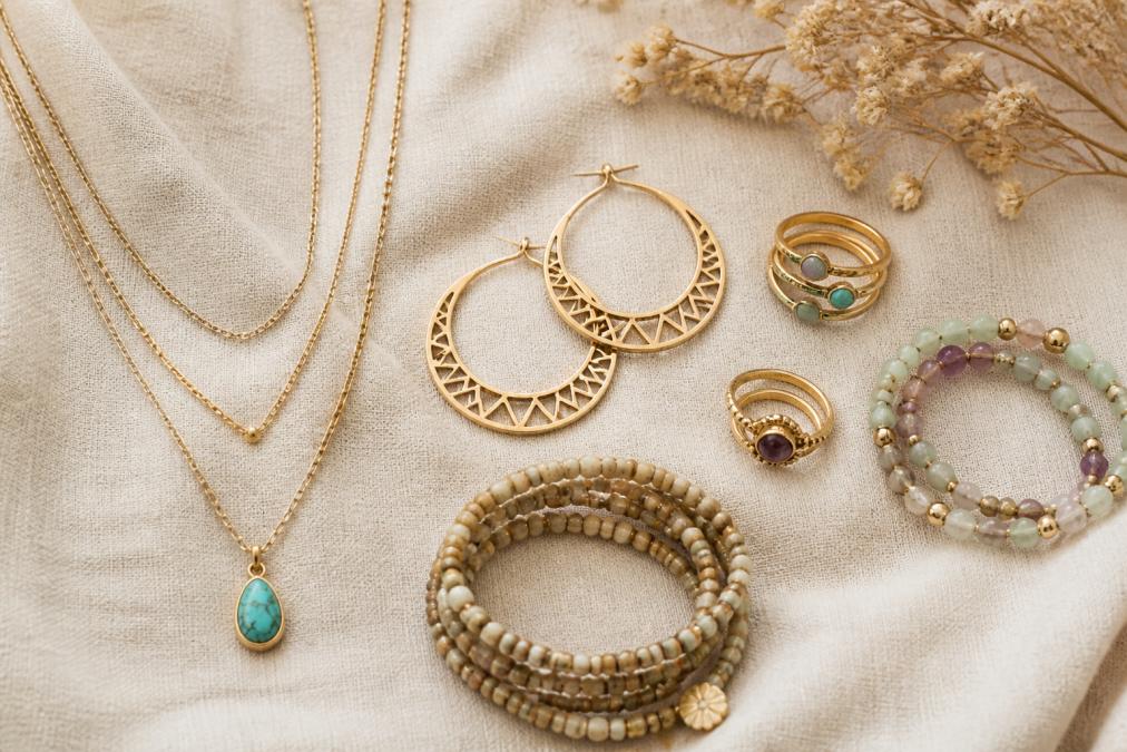 Flat lay arrangement of essential boho jewelry pieces on a neutral cream linen surface: three delicate gold-filled chains of varying lengths, a small turquoise pendant, pair of geometric statement hoops, stackable gemstone rings in turquoise and amethyst, and beaded bracelets in earth tones
