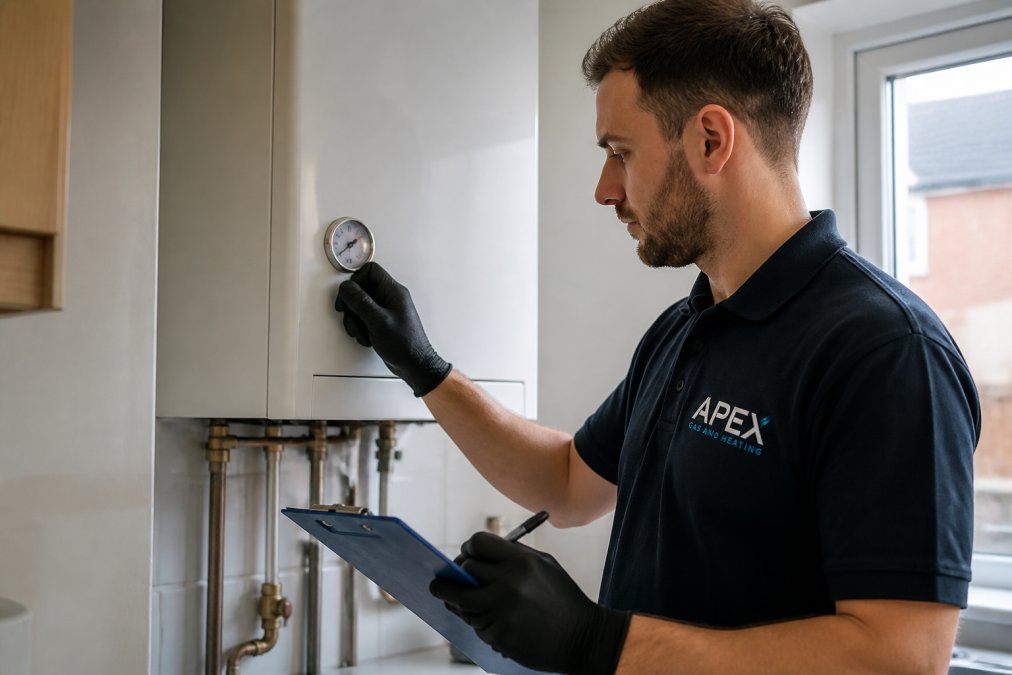 Professional heating engineer in uniform checking boiler pressure gauge and recording readings on clipboard during safety inspection in residential home