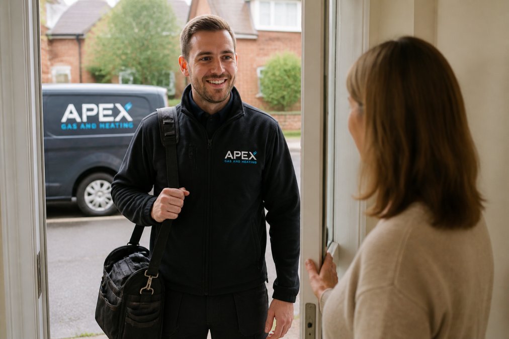 Experienced plumber with professional toolbag arriving at residential front door during emergency call-out, ready to diagnose and repair boiler system