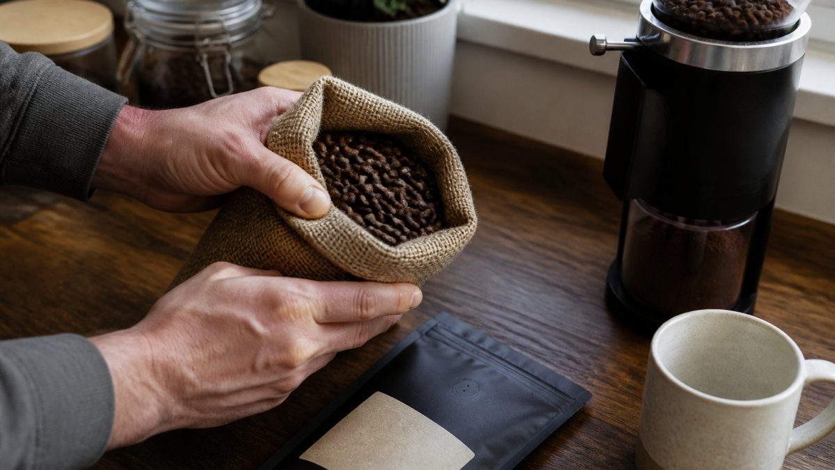 Hands holding a burlap bag of coffee beans next to a roast date label, grinder, and mug on a kitchen counter